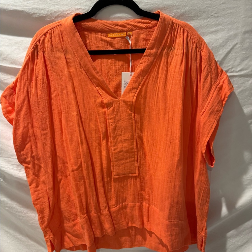 Oliphant Orange Relaxed V-Neck Blouse Short Sleeves